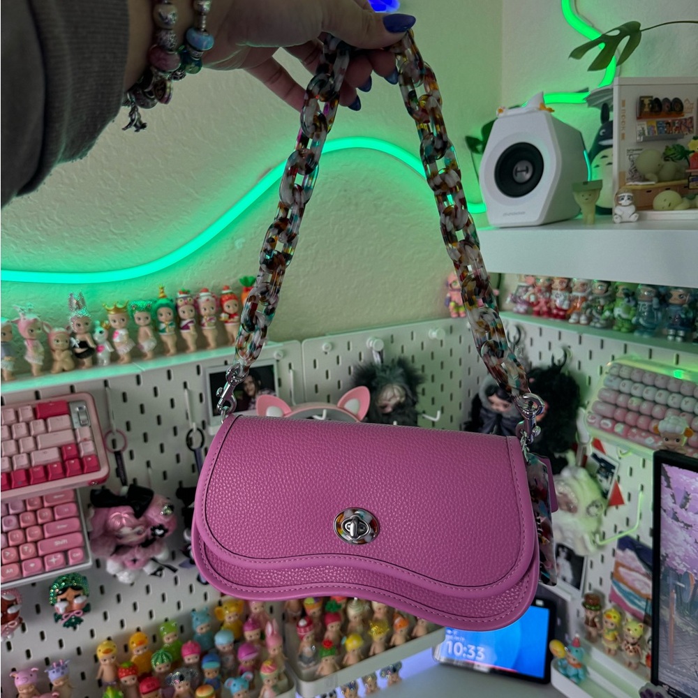 Bright Pink Chain-Handle Shoulder Bag with Turn-Lock